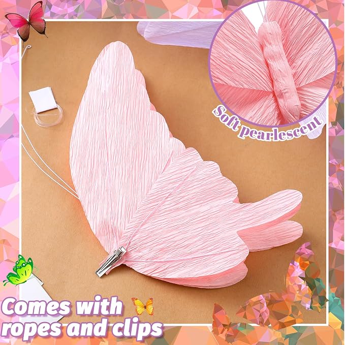 3 Pcs 3D Large Hanging Butterfly Decorations Large Butterfly Birthday Party Decorations 3D Crepe Paper Decoration for Wedding Party Birthday Baby Shower Garden(Purple, Pink, White,20 Inch)