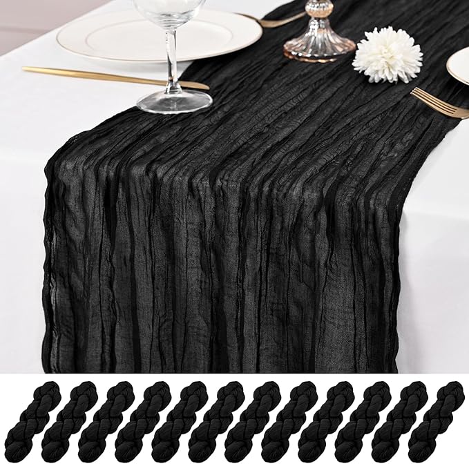 12 Pack Black Table Runner 10Ft Cheesecloth Table Runner Rustic Gauze Table Runners Romantic Long Sheer Fabric Cheese Cloth Table Runners for Wedding Party Bridal Baby Shower