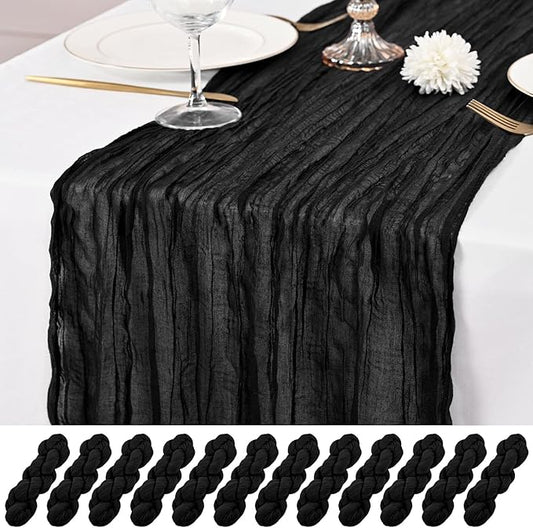 12 Pack Black Table Runner 10Ft Cheesecloth Table Runner Rustic Gauze Table Runners Romantic Long Sheer Fabric Cheese Cloth Table Runners for Wedding Party Bridal Baby Shower