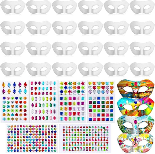 Leyndo Paper Mache Art Mask White Craft Masquerade Masks and Gem Stickers DIY Blank Mardi Gras Halloween Cosplay Party