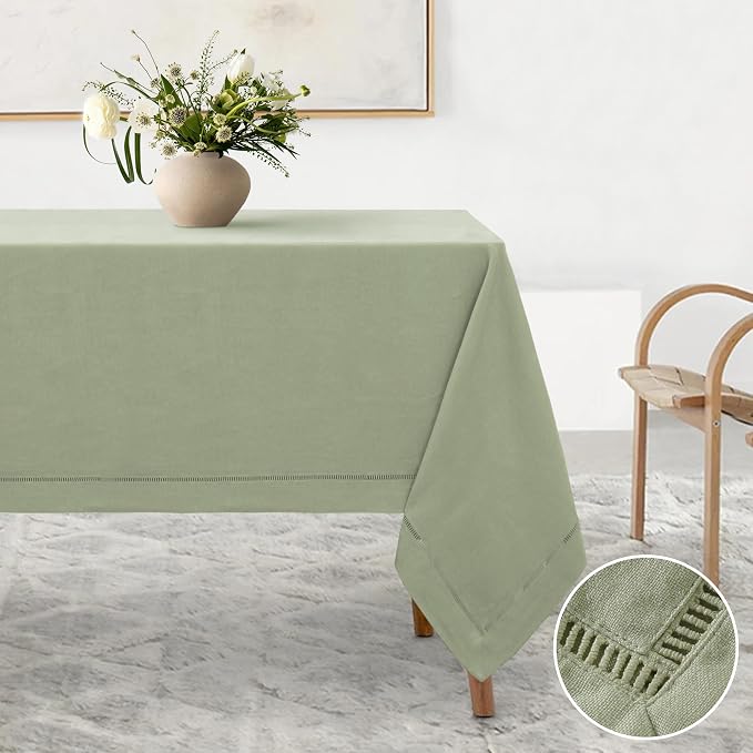 Linen World Hemstitch Linen Tablecloth,French Linen Sage Tablecloth 90" x 60" Inch,Washable Rectangular Table Cloth for Dining,Outdoor,Weddings and Restaurants,Decorative Thanksgiving Christmas