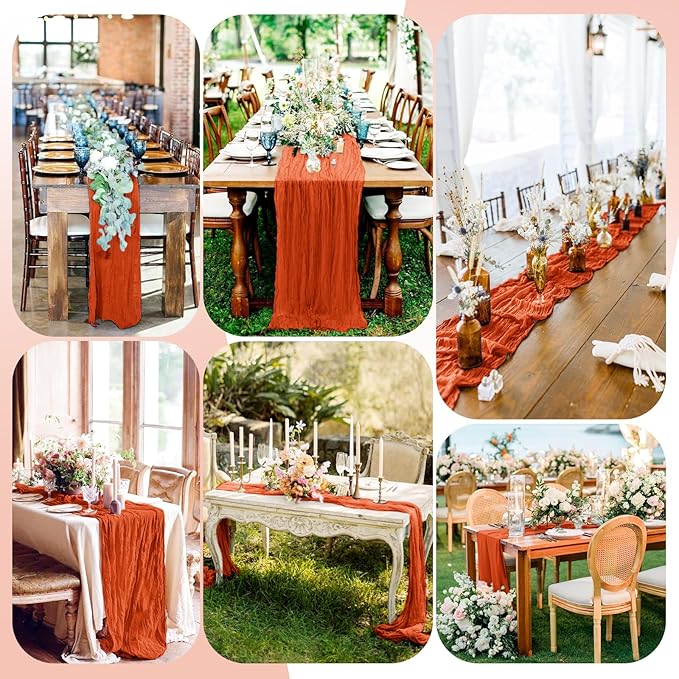 Pesonlook 12 Pack Orange Cheesecloth Table Runner, 10FT Cheesecloth Rustic Boho Table Runner Long Romantic Semi Sheer Table Runner for Wedding Birthday Bridal Shower Party Decorations(21.5×120 Inch)