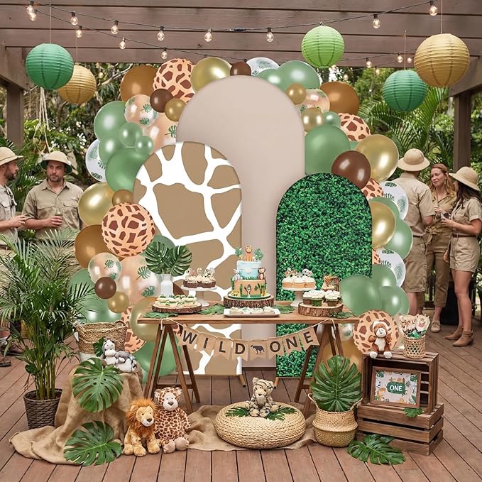 Foilswirl 34 Pieces Jungle Safari Party Decorations 4ft 5ft 6ft Safari Arch Backdrop Cover Jungle Arch Cover Green Leaves Backdrop Green Brown Khaki Balloons for Wildlife Birthday Party Decor