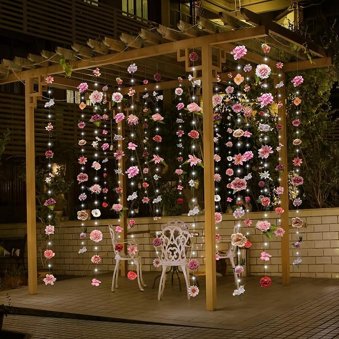 Suncalla 6 Pack 35.4ft Fake Flower Garland Backdrop with LED Lights Hanging Wildflower Floral Vine Decorations for Wedding Bridal Shower Birthday Baby Shower Party Backdrop(Fresh,Pink)