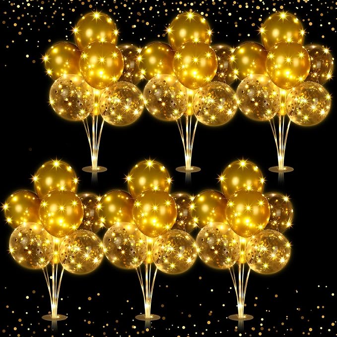 Junkin 6 Set Balloons Centerpieces for Table with LED String Light 60 Pcs Balloons Light up Table Balloon Stand Centerpieces for Graduation Birthday Baby Shower Wedding Bridal Shower(Gold)