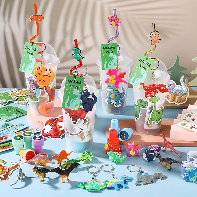 Qilery 267 Pcs 24 Guests Dinosaur Birthday Party Favors for kids Includes Plastic Cup with Lid Straw Keychain Bracelet Ring Stamper Stickers Tag for Party Favors Piñata Filling