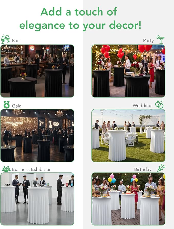 KeyWave Cocktail Table Tablecloth with Skirts - 32x43 Inch Wavy Spandex High Top Cocktail Table Covers, Ruffle Drape Highboy Tablecloth Reusable for Party Wedding Cake Standing Table, Black, 4 Pack