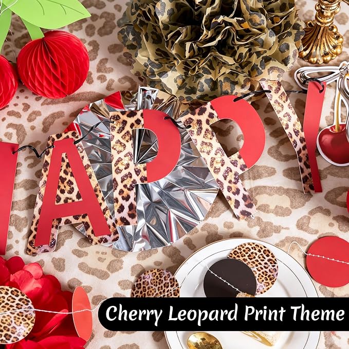 Cheetah Birthday Party Decorations Cherry Print Paper Fans Tissue Pom Pom Cherry Honeycomb Animal Print Birthday Banner Hanging Swirls Red Black Animal Print Party Decoration for Women Girls Birthday