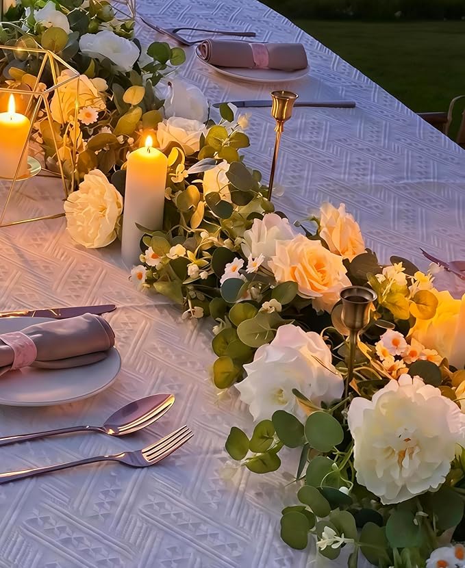 5.9FT Artificial Eucalyptus Garland with Flowers (Roses, Peonies, Daisies); Artificial Flower Garland for Weddings, Backdrops. Artificial Rose Vine For Home Decor, Table Decor, Door & Hanging Decor.