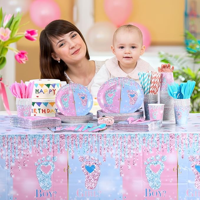 Funnymoom 452 Pcs Gender Reveal Party Decoration for 50 Guests, Boy or Girl Paper Plates and Napkins Cups Tablecloth Cutlery Disposable Tableware Set for Gender Reveal Party Supplies