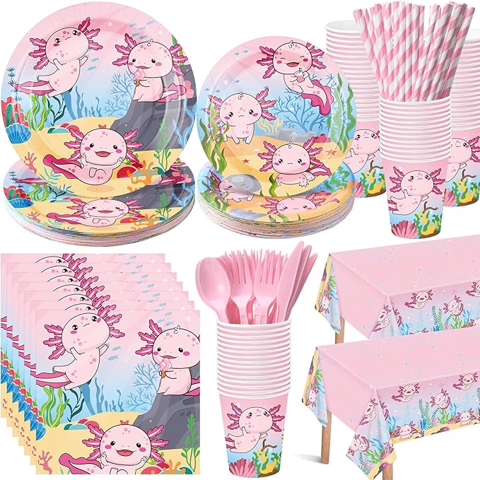 LemonRoad 452 Pcs Axolotl Birthday Decorations for 50, Pink Axolotl Paper Plates Napkins Cups Tablecloth Cutlery Straws Disposable Tableware for Cartoon Animal Baby Shower Birthday Party Supplies