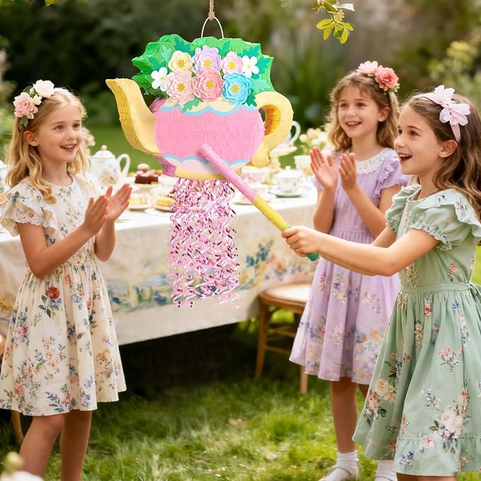 WERNNSAI Teapot Piñata - Tea Party Decoration Garden Flower Piñata for Afternoon Tea Party Decor Bridal Baby Shower Garden Party Supply Mother’s Birthday Favor with Blindfold Stick