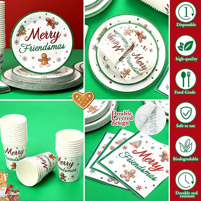 168 Pcs Merry Friendsmas Christmas Party Supplies Gingerbread Party Decorations Merry Friend Christmas Tableware Set Disposable Paper Plates Cup Utensils Serve 24 for Winter Holiday Parties