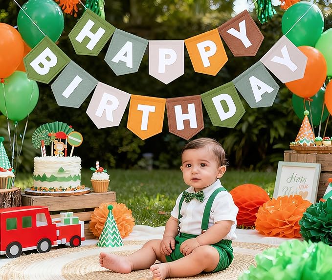 Felt Green Happy Birthday Banner Birthday Decorations for Women Girls Boys Men Pets Handmade Party Backdrop