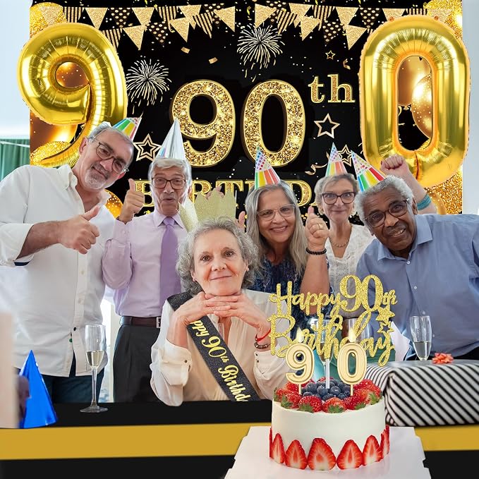 90th Birthday Decorations Men Women with 90th Birthday Banner, Black and Gold Table Cloth, Number Balloons, Large Sash, Cake Topper and Candles