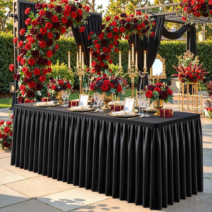 Black Polyester Table Cloths for Rectangle 4 Foot Tables, 2 Pack Wrinkle Free Tablecloths Stretchy Banquet Ruffle Fitted Table Cover Desk Skirt for Parties Wedding Birthday Baby Shower