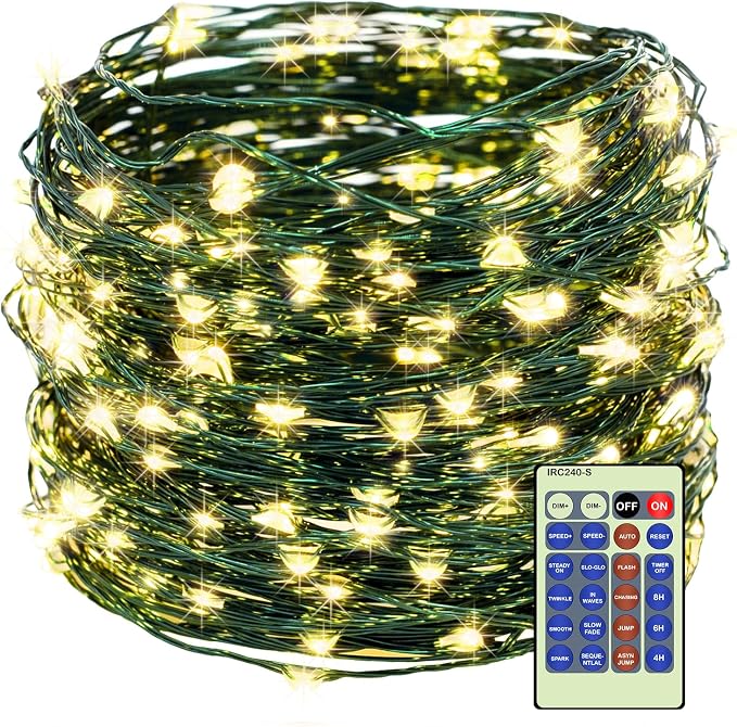 Decute 500LED 164FT Christmas Tree String Lights Green Wire Dimmable with Remote Control, UL Listed Plug in Fairy Starry Lights Decorative for Christmas Tree Party Wedding Indoor Outdoor Warm White
