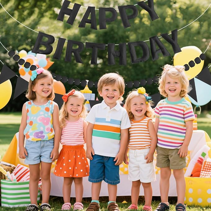 CANREVEL Pre-Strung 3D Rainbow Happy Birthday Banner, 3 PCS Happy Birthday Felt Sign, Pom Pom Garland, Triangle Fabric Bunting, Colorful Reusable Birthday Decorations for Women Men Girls Boys, Black