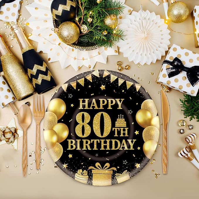 350PCS 80th Birthday Party Decorations for 50 Guests Black and Gold Party Supplies Include Disposable Paper Plates, Napkins, Cups, and Tableware