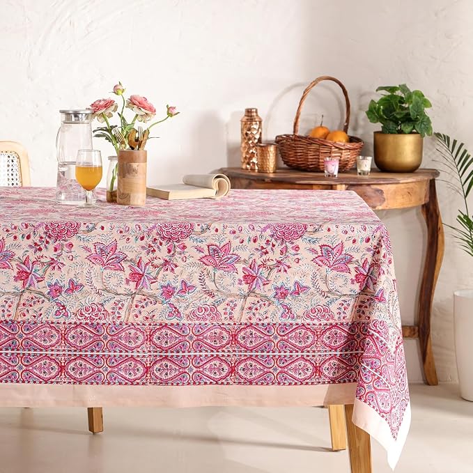 Hand Block Printed Tablecloth, Colorful Floral Print, Indian Artisan Handmade Art, Dining Room, Kitchen, Outdoor Décor, (Rose Tangerine Grace, 12 Seater 72 x 135 Inches Rectangle)