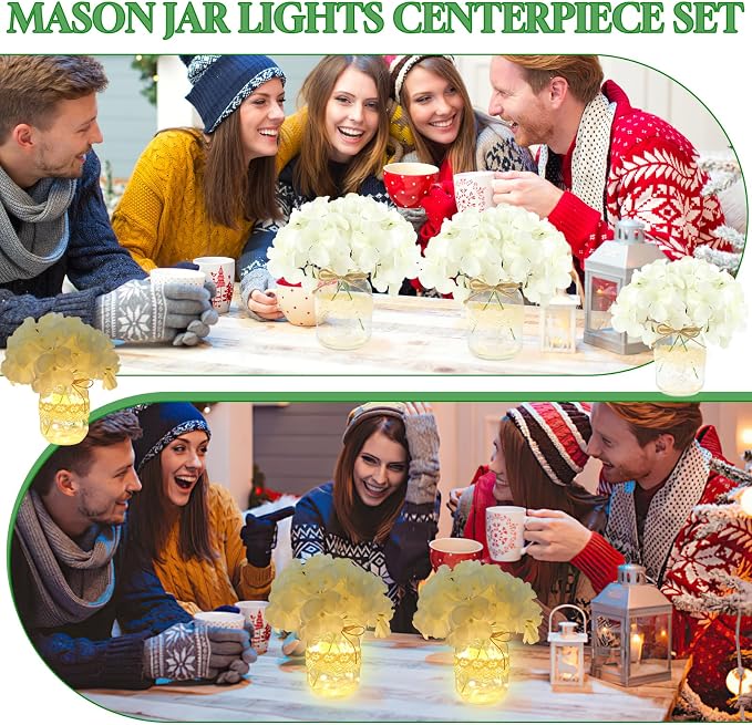 Mason Jar Table Centerpiece Set of 6 With White Hydrangea artificial Flowers for Engagement Party Bridal Shower Centerpieces Wedding Christmas Thanksgiving Party Reception Table Decor