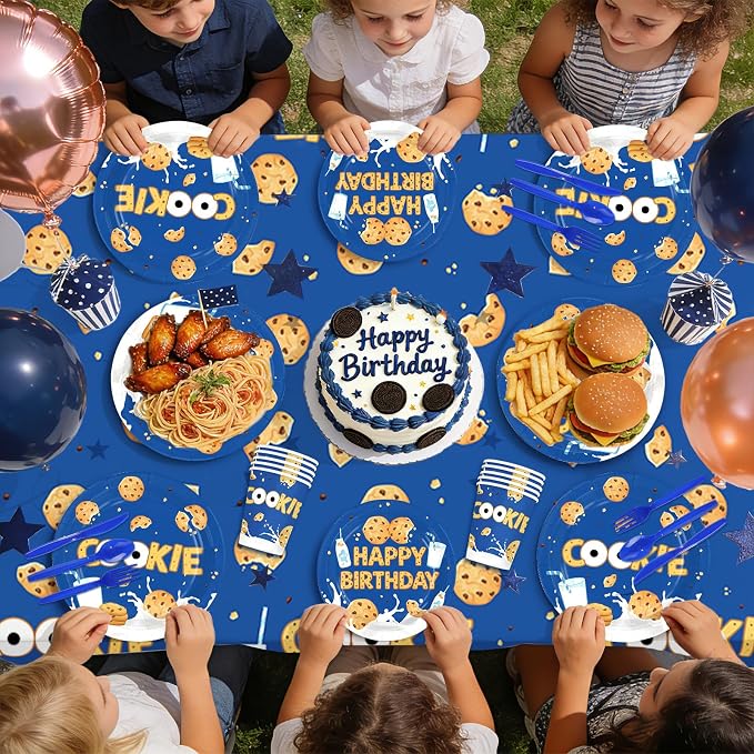 170Pcs Milk and Cookies Birthday Party Decorations Blue Chocolate Chip Milk Cookie Theme Plates Napkins Cups Forks Knives Spoons Tablecloths for Kids Birthday Baby Shower Party Supplies Serves 24