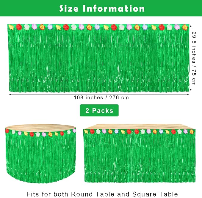 Fovths 2 Pack Luau Grass Table Skirt Natural 9 Feet x 29.5 Inch Hawaiian Table Skirt for Tropical Hawaiian Party Decorations Luau Party Costume Party, Green