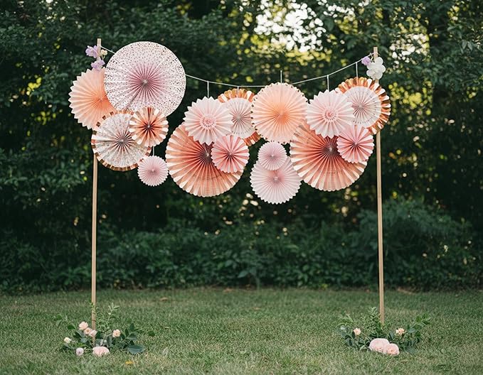 PapaKit 8-Piece Origami Paper Fan Set - Lustrous Pink Coral & Metallic Rose Gold | Reusable Hanging Pinwheel Wall Backdrop for Girls Birthday, Boho Baby Shower, Wedding & Bridal Party Decorations