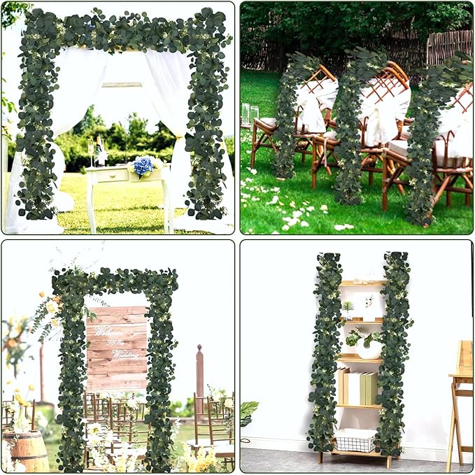 Eucalyptus Garland, 4Pcs 6FT Green Flower Garland Decor, Spring Summer Artificial Faux Eucalyptus Leaves Greenery Vines for Table Runner Wedding Arches Mantle Centerpieces Backdrop Decorations