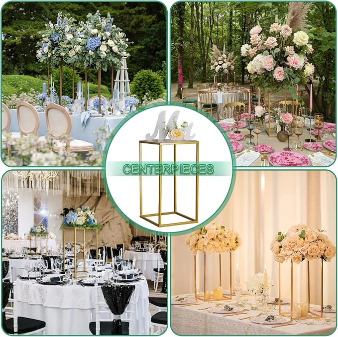 YALLOVE 2 Pack 15.75 Inch Gold Wedding Flower Stand Metal Vase Column Stand Geometric Centerpiece Vase for Home Party Wedding Decorations, Rectangular Flower Display Rack