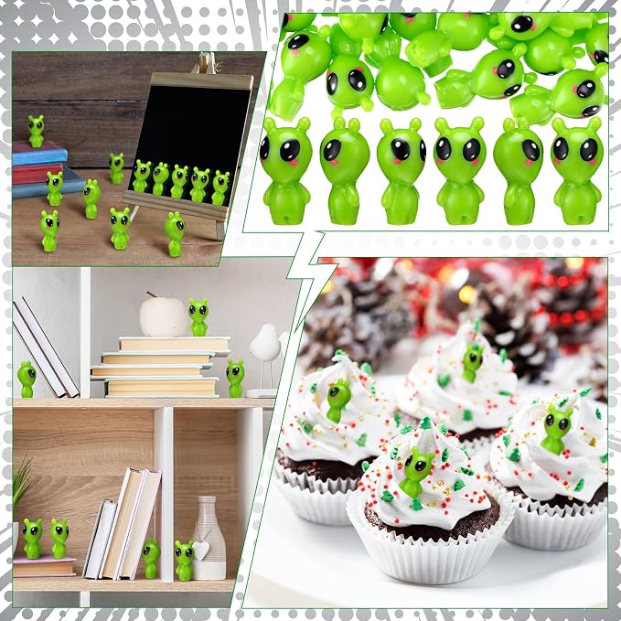 VioraWhite 50 Pcs Resin Mini Alien Figures Bulk Tiny Alien Figurine to Hide and Seek Green Small Little UFO Sci-fi Space Party Gifts for Miniature Landscape Space Birthday Party Goodie Bags Fillers