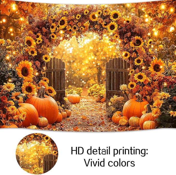 15 x 10 ft Fall Backdrop Autumn Sunflower Arch Forest Leaves Pumpkins Scenery Rustic Trail Harvest Photography Background Fall Farm Thanksgiving Party Supplies Banner Picture Photo Booth