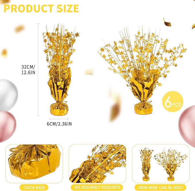 12 Pack Metallic Foil Spary Centerpieces for Tables, Gold Centerpieces for Tables Decorations, Star Brust Table Centerpieces for Birthday Graduation Wedding Baby Shower Party