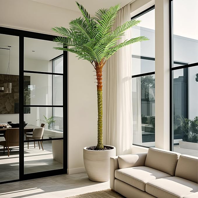 Jocoevol Fake Palm Tree, 8ft Artificial Phoenix Palm Tree Tall Tropical Tree with Adjustable Leaves & Planter, Outdoor Indoor Faux Trees for Living Room/Patio/Poolside/Yard Decor