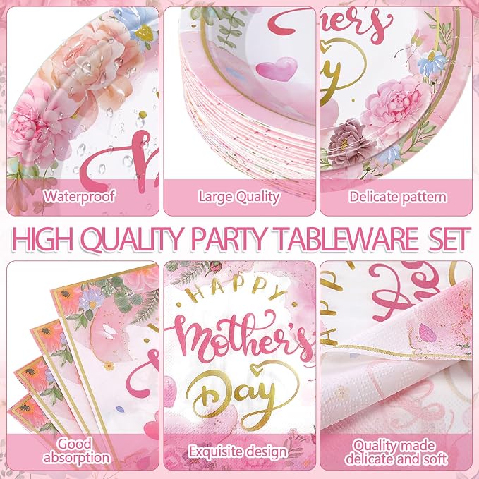 LemonRoad 452 Pcs Mother's Day Decoration for 50 Guests, Pink Gold Floral Happy Mother's Day Paper Plates Napkins Cups Tablecloth Cutlery Straws Disposable Tableware for Best Mom Ever Party Supplies