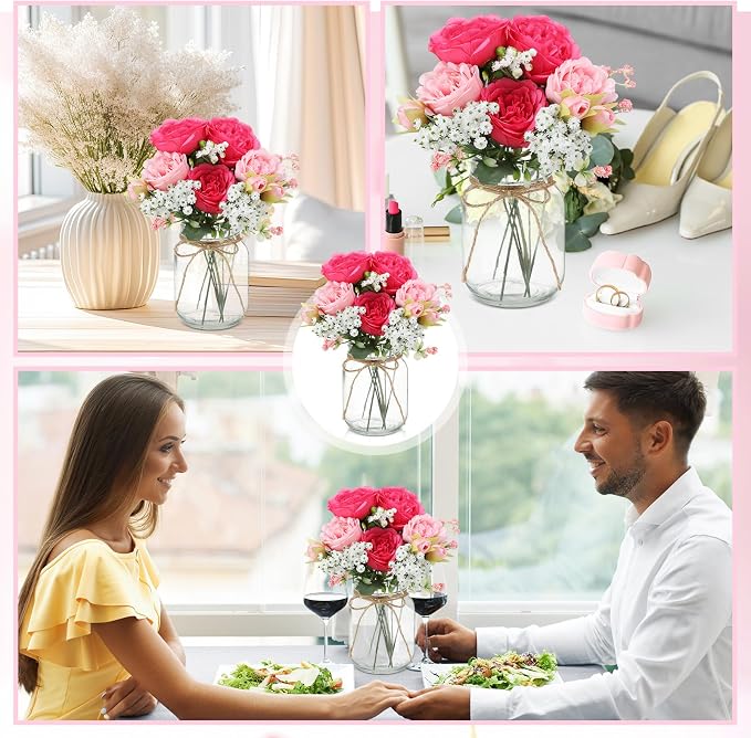 Zeyune 12 Sets Mason Jar Centerpiece Table Decorations, Artificial Peony Baby's Breath Flower Bouquets, Faux Flowers with Vase, Rustic Decor Gifts for Home, Wedding, Holiday (Pink Mix)