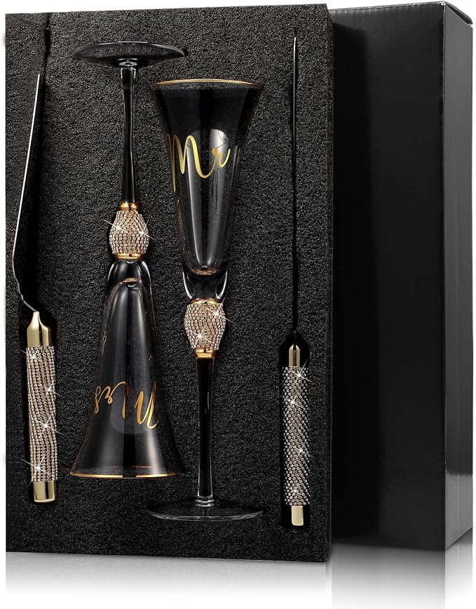 Boao 4 Piece Mr and Mrs Champagne Flutes and Cake Knife Server Set Crystal Wedding Toasting Flutes Rhinestone Cake Cutting Set for Bride and Groom Wedding Engagement Bridal Shower Gifts(Gold)