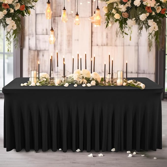 Wish Care 6 Pack Black Spandex Table Cloths for Rectangle Tables 8ft - One-Piece Wrinkle Free Fitted Table Cover 8 Foot Table Stretch Tablecloths for Party, Banquet, Wedding and Events