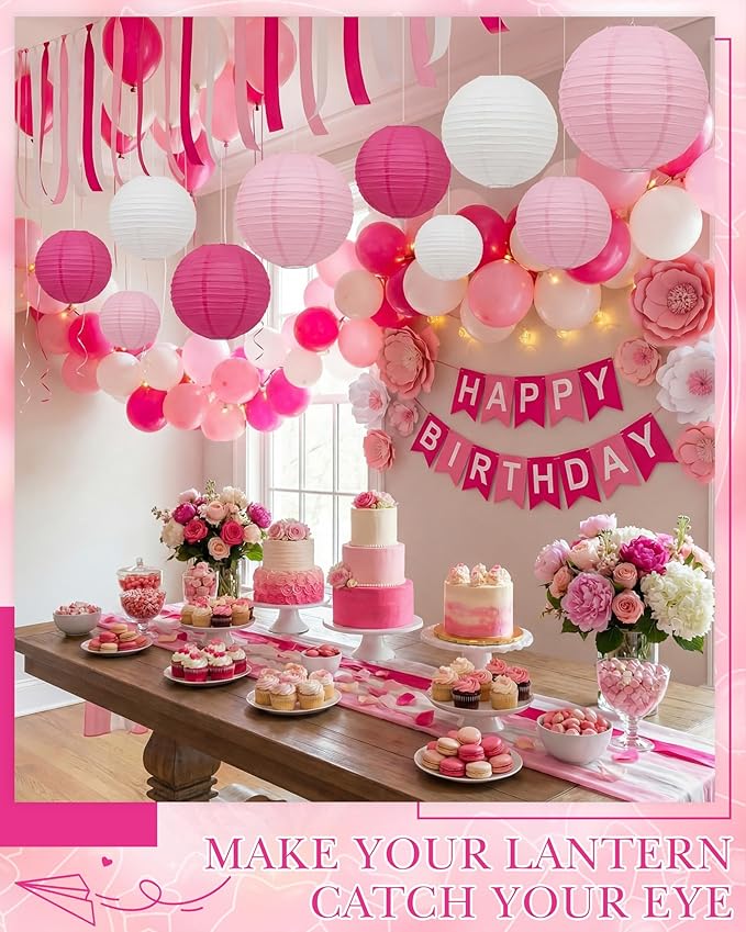 Treela 48 Pcs Paper Lanterns Party Decorations Chinese Round Paper Decor 4/6/8/10 Inch Asian Hanging Lamps Decorative for Birthday Party Wedding Bridal New Year Supplies(Pink,White)