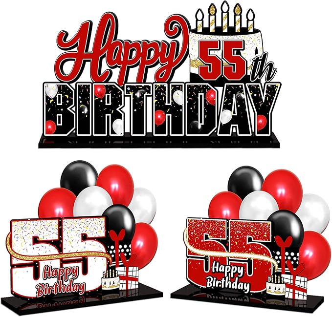 LINGTEER Happy 55th Birthday Red Acrylic Table Topper Centerpieces Set - Cheers to 55 Years Old Birthday 55th Bday Party Gift Decorations.