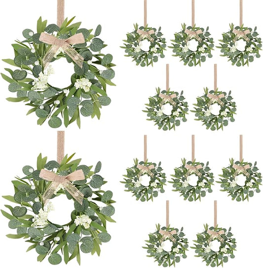 12 Pcs Green Artificial Eucalyptus Swag Wreaths Spring Summer Wreath with White Berries Mini Green Kitchen Cabinet Wreaths with Ribbon for Front Door Porch Wall Window Farmhouse Decoration