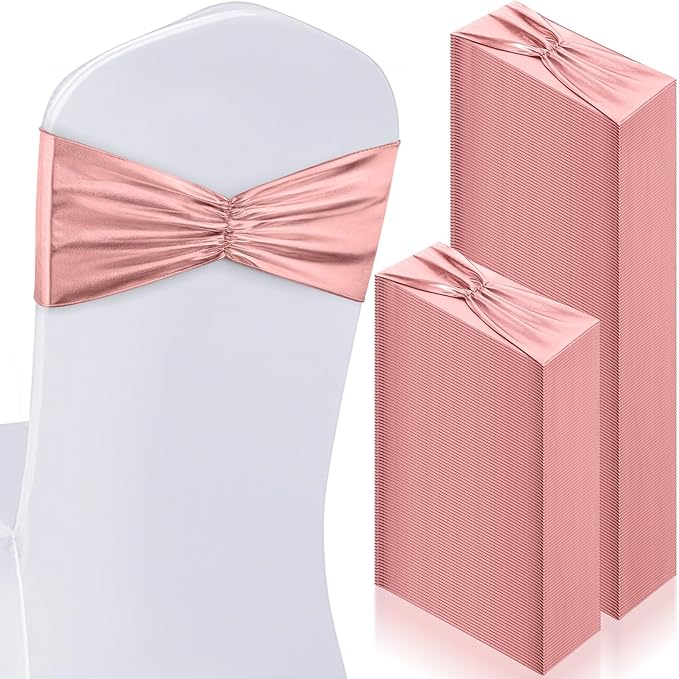 Hahafelt 100 pcs Chair Sashes Shiny Bow Spandex Bands for Chair Wedding Banquet Parties Reception Restaurant Decoration, Rose Gold