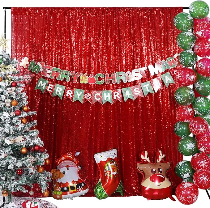 Poise3EHome Red Sequin Backdrop,8FT x 10FT Sequin Photography Backdrop Curtain for Valentines Day Party Decoration
