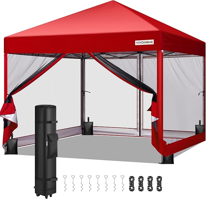 VIVOHOME 8x8ft Easy Pop-Up Canopy, Outdoor Screen Tent with Mosquito Netting, 2 Zipper Doors, and Roller Bag for Yard Camping Picnic Party Events, Red