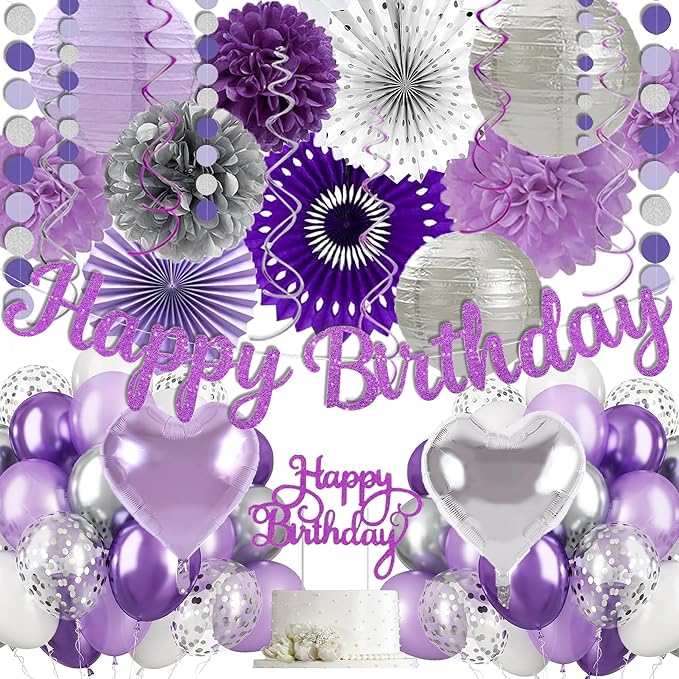 Purple Silver Birthday Party Decorations Kit with Happy Birthday Banner, Paper Lanterns, Streamers, Tissue Pom Poms, Honeycomb Flower Fans, Silver and Purple Balloons, & More for Women Girls' Party