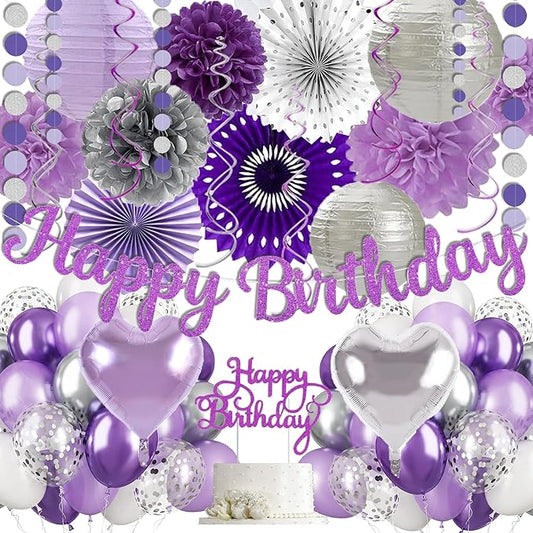 Purple Silver Birthday Party Decorations Kit with Happy Birthday Banner, Paper Lanterns, Streamers, Tissue Pom Poms, Honeycomb Flower Fans, Silver and Purple Balloons, & More for Women Girls' Party