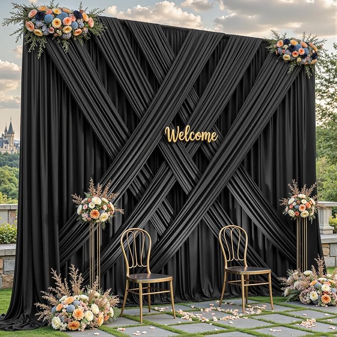 8 Panles Black Backdrop Curtains - Wrinkle Free Fabric Backdrop Curtain for Photoshoot,10ft Wedding Party Photo Backdrop Drapes for Birthday Baby Shower Photography Stage Background Decorations