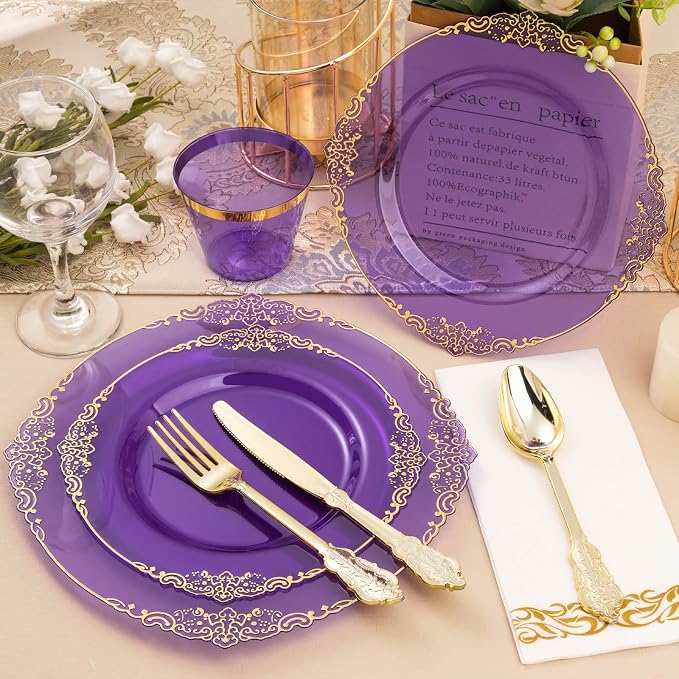 Bestluck 350PCS Clear Purple Plastic Plates for 50 Guests, Disposable Plates with Gold Trim include 50 Dinner Plates, 50 Dessert Plates, 150 Gold Silverware, 50 Cups, 50 Napkins for Party, Wedding