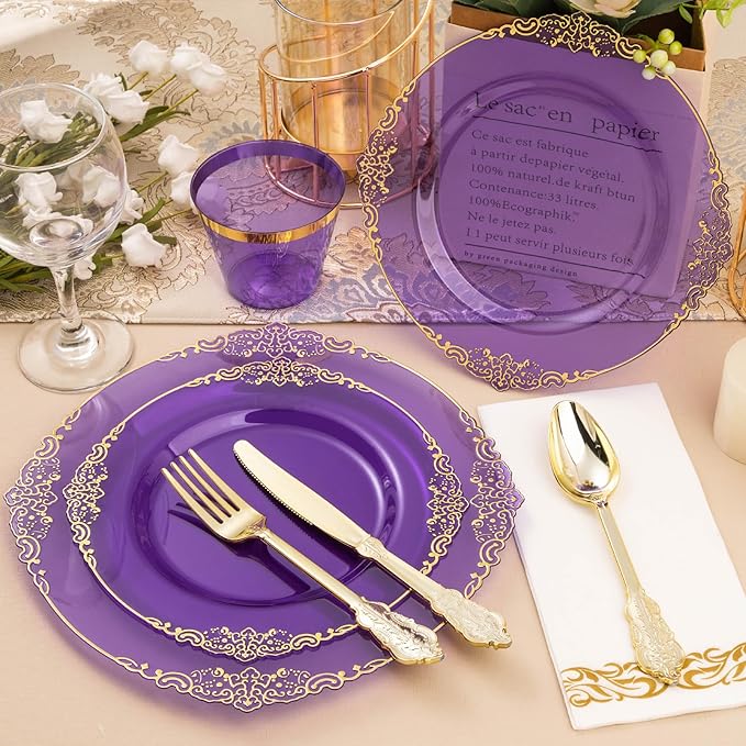 Bestluck 350PCS Clear Purple Plastic Plates for 50 Guests, Disposable Plates with Gold Trim include 50 Dinner Plates, 50 Dessert Plates, 150 Gold Silverware, 50 Cups, 50 Napkins for Party, Wedding