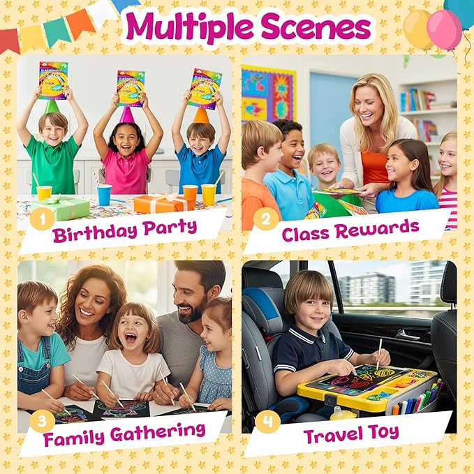 Decojoy Party Favors for Kids 4-8, Scratch Art Birthday Return Gifts, Bulk Rainbow Scratch Paper Notebook 24 Set with Reusable Stencils, Christmas Goodie Bags Stuffers for Girls Boys School Classroom